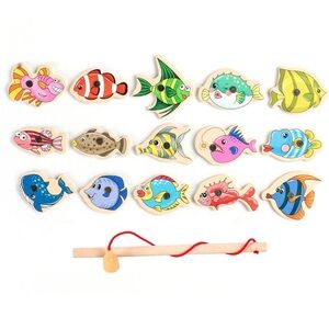 Wooden Montessori Magnetic Fishing Game Toy Set Fish Rod Kids Toddlers 16pcs